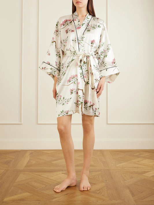 Image of Lingerie. Product name - Mimi Belted Printed Silk-satin Robe in White colour by brand - Olivia von Halle