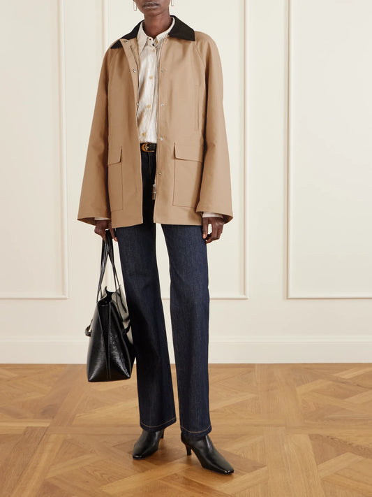 Image of Coats & Jackets. Product name - Summer Country Corduroy-trimmed Coated-canvas Jacket in Camel colour by brand - TOTEME