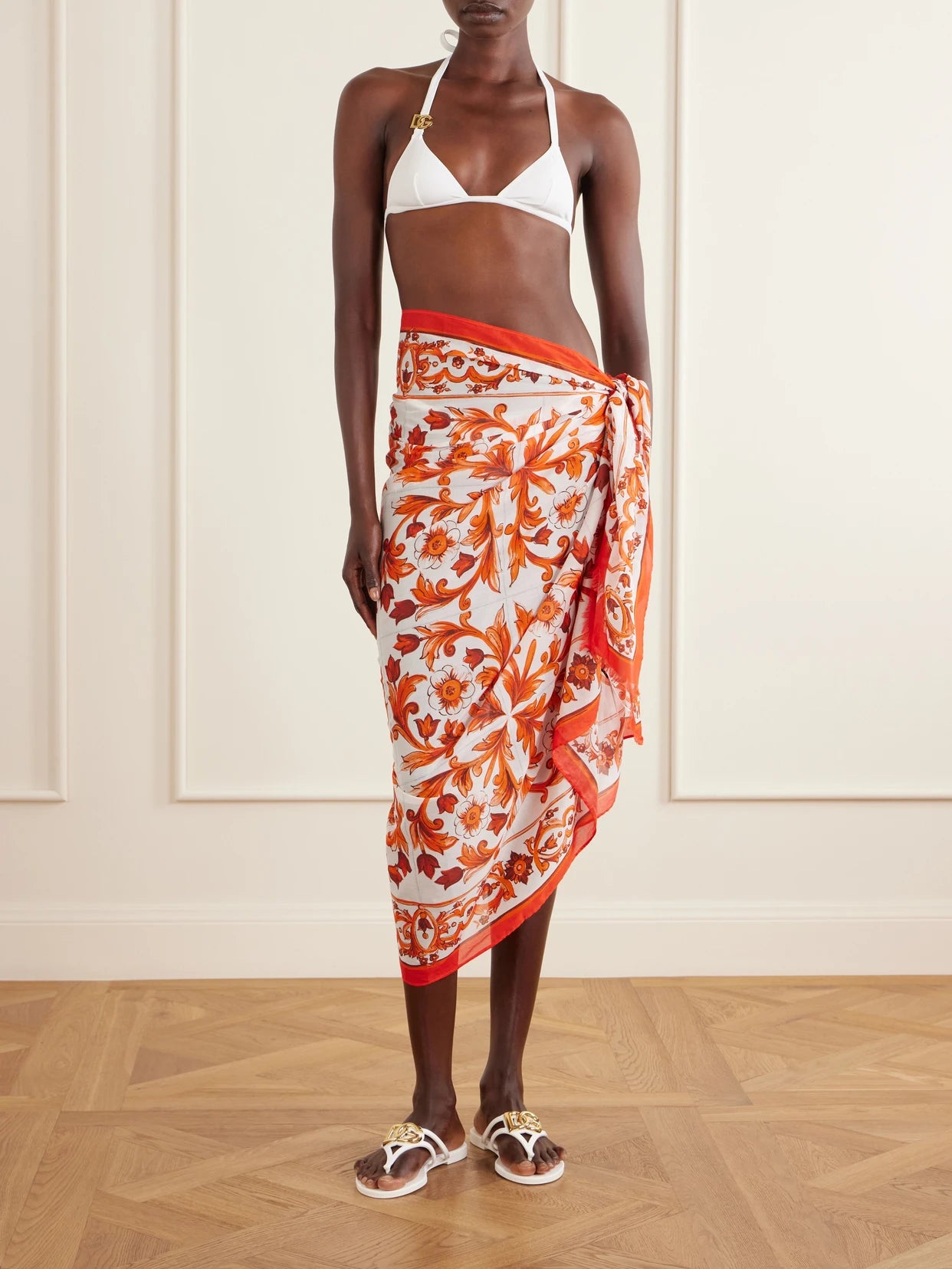 Image of Swimwear. Product name - Maiolica Printed Cotton Pareo in Orange colour by brand - Dolce & Gabbana