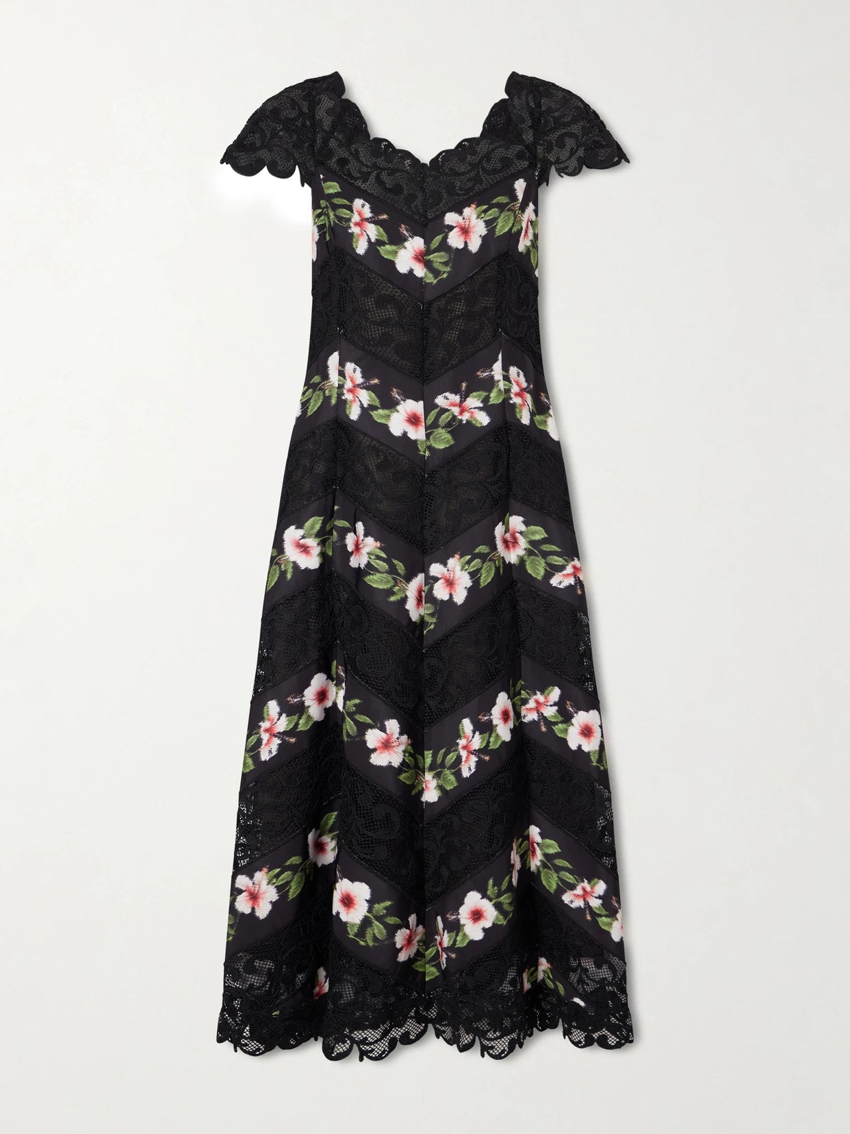 Image of Dresses. Product name - Floral-print Faille And Lace Midi Dress in Black colour by brand - Oscar de la Renta