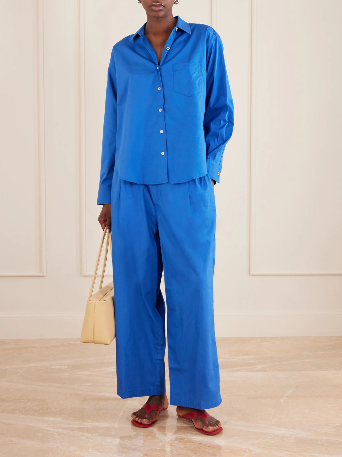 Image of Outfit Sets. Product name - Lotus Cotton-poplin Wide-leg Pants in Royal blue colour by brand - Jamie Haller