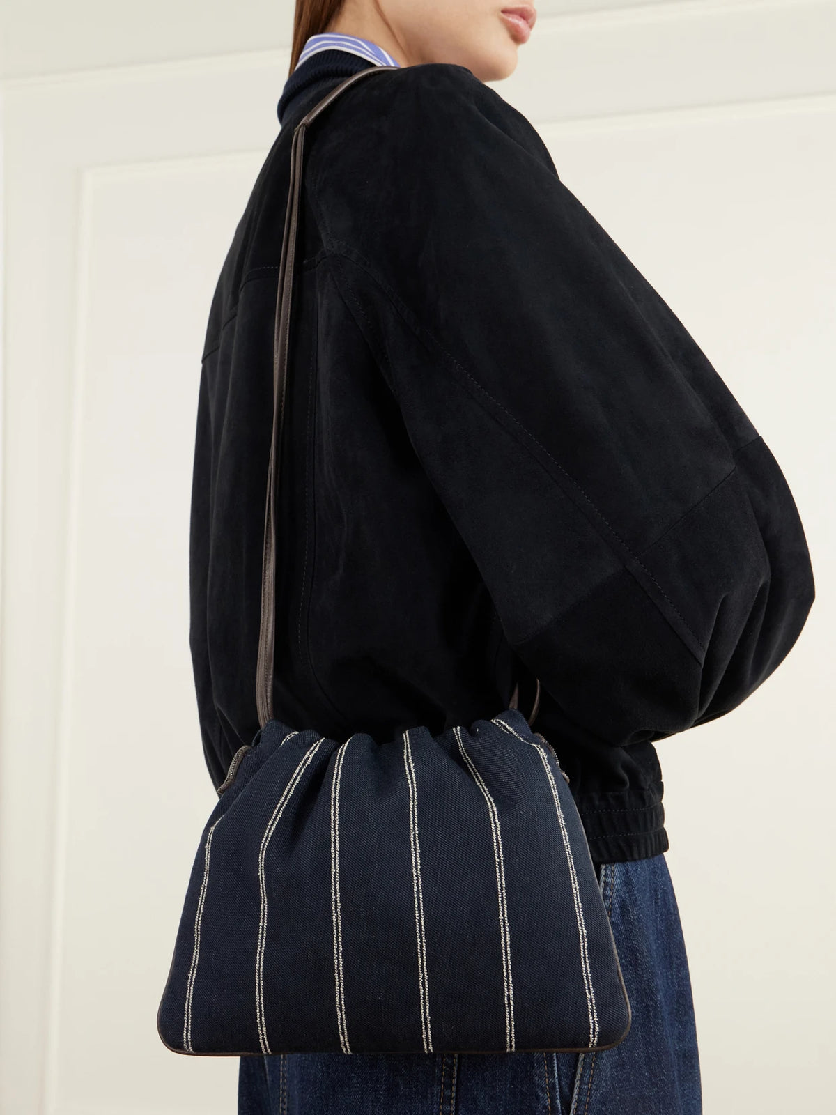 Image of Bags. Product name - Pinstriped Leather-trimmed Denim Shoulder Bag in Navy colour by brand - Brunello Cucinelli