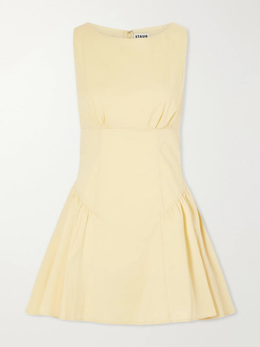 Image of Dresses. Product name - Gwen Paneled Cotton-blend Poplin Mini Dress in Pastel yellow colour by brand - STAUD