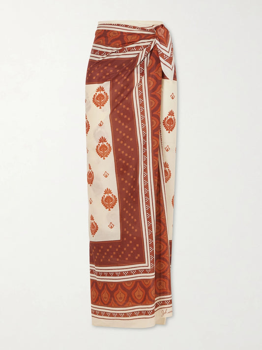 Image of Swimwear. Product name - Red Spirit Of The Rider Printed Cotton Pareo in Brown colour by brand - Johanna Ortiz