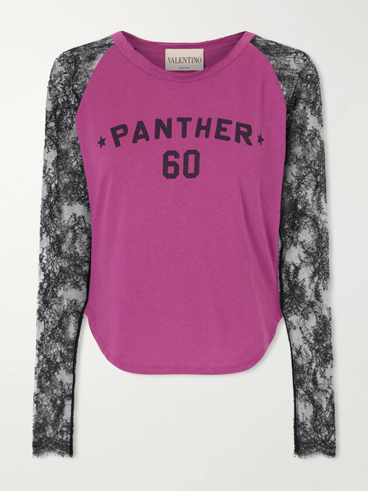 Image of a model wearing Tops. Product name - Printed Lace-trimmed Cotton T-shirt in Pink colour by brand - Valentino Garavani