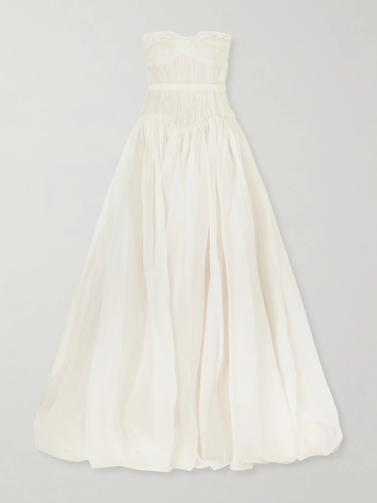 Image of Dresses. Product name - Henrietta Strapless Bustier Crinkled Silk-organza Gown in Off-white colour by brand - Danielle Frankel