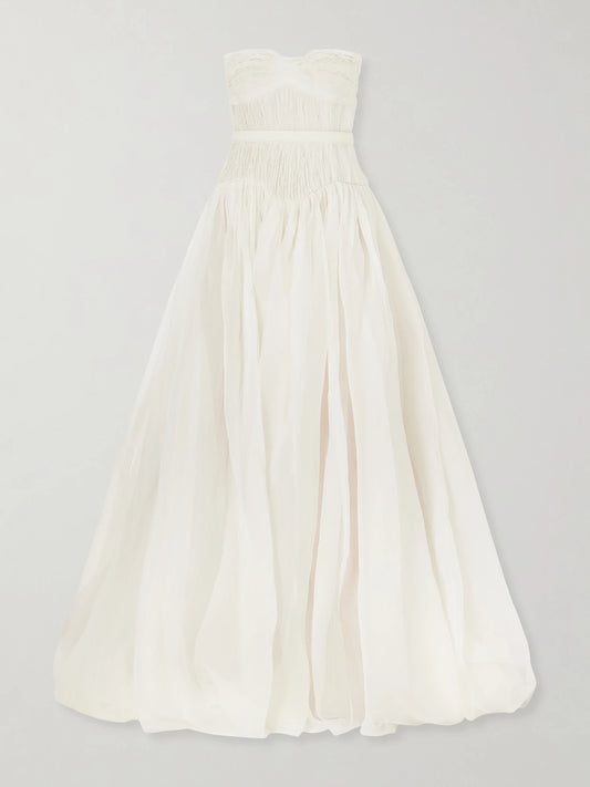 Image of Dresses. Product name - Henrietta Strapless Bustier Crinkled Silk-organza Gown in Off-white colour by brand - Danielle Frankel