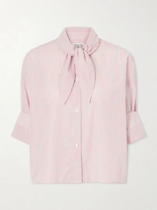 Image of a model wearing Tops. Product name - Tie One On Striped Cotton-poplin Shirt in Pink colour by brand - TWP