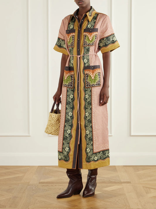 Image of Dresses. Product name - Darcey Belted Printed Hemp Midi Dress in Multi colour by brand - ALÉMAIS