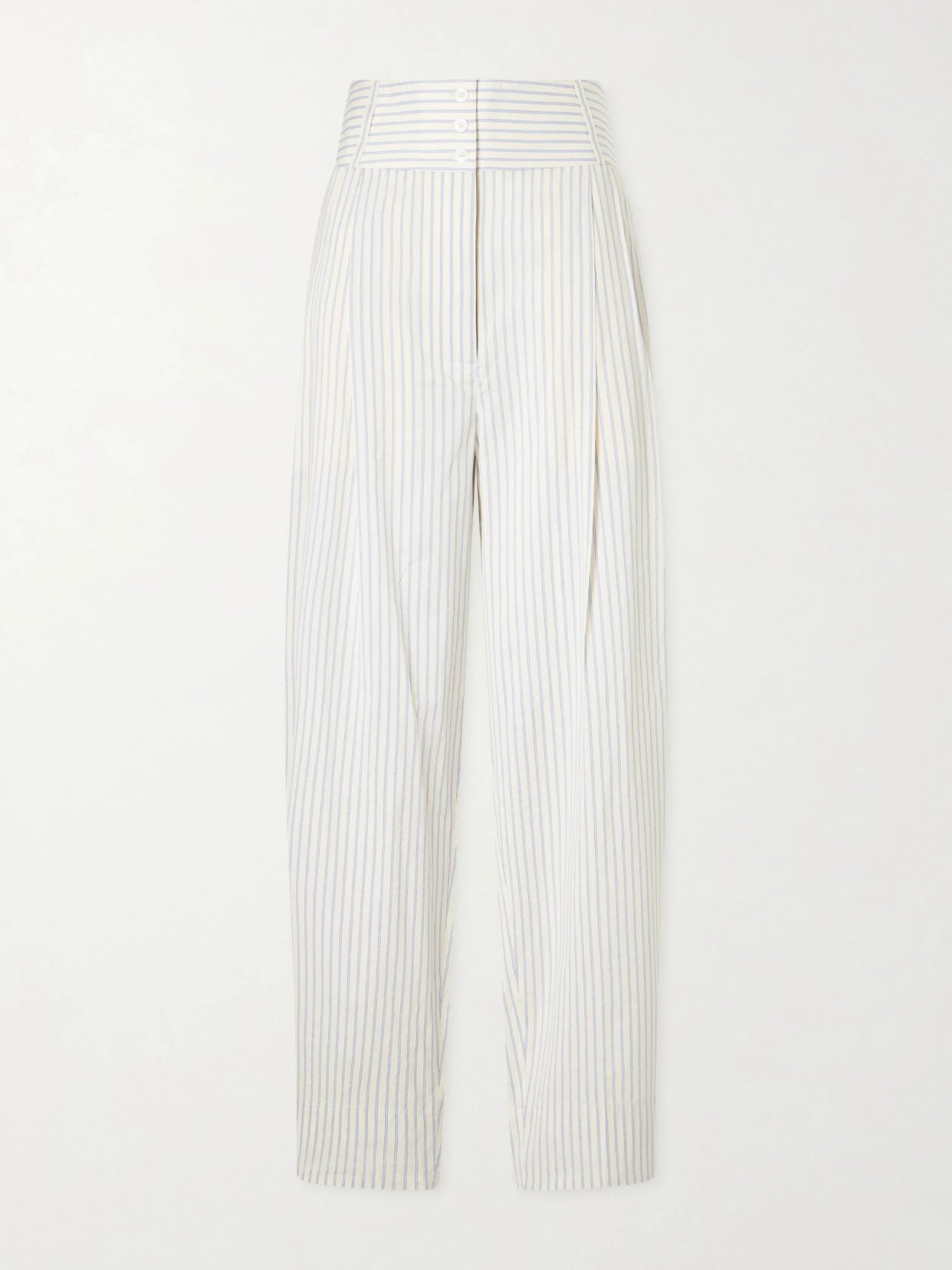Image of a model wearing Pants. Product name - Pleated Striped Cotton And Silk-blend Straight-leg Pants in White colour by brand - TOTEME