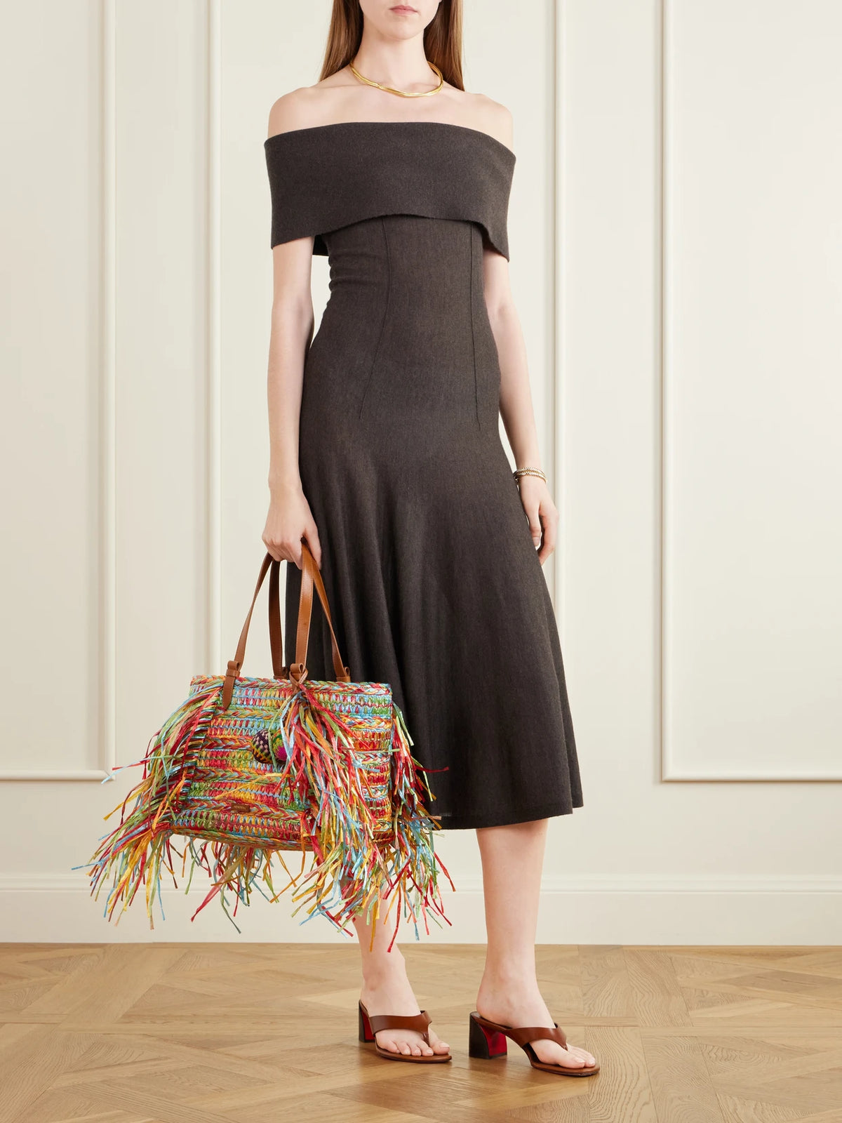 Image of Bags. Product name - Trancoso Fringed Embellished Leather-trimmed Woven Raffia Tote in Multi colour by brand - Aquazzura