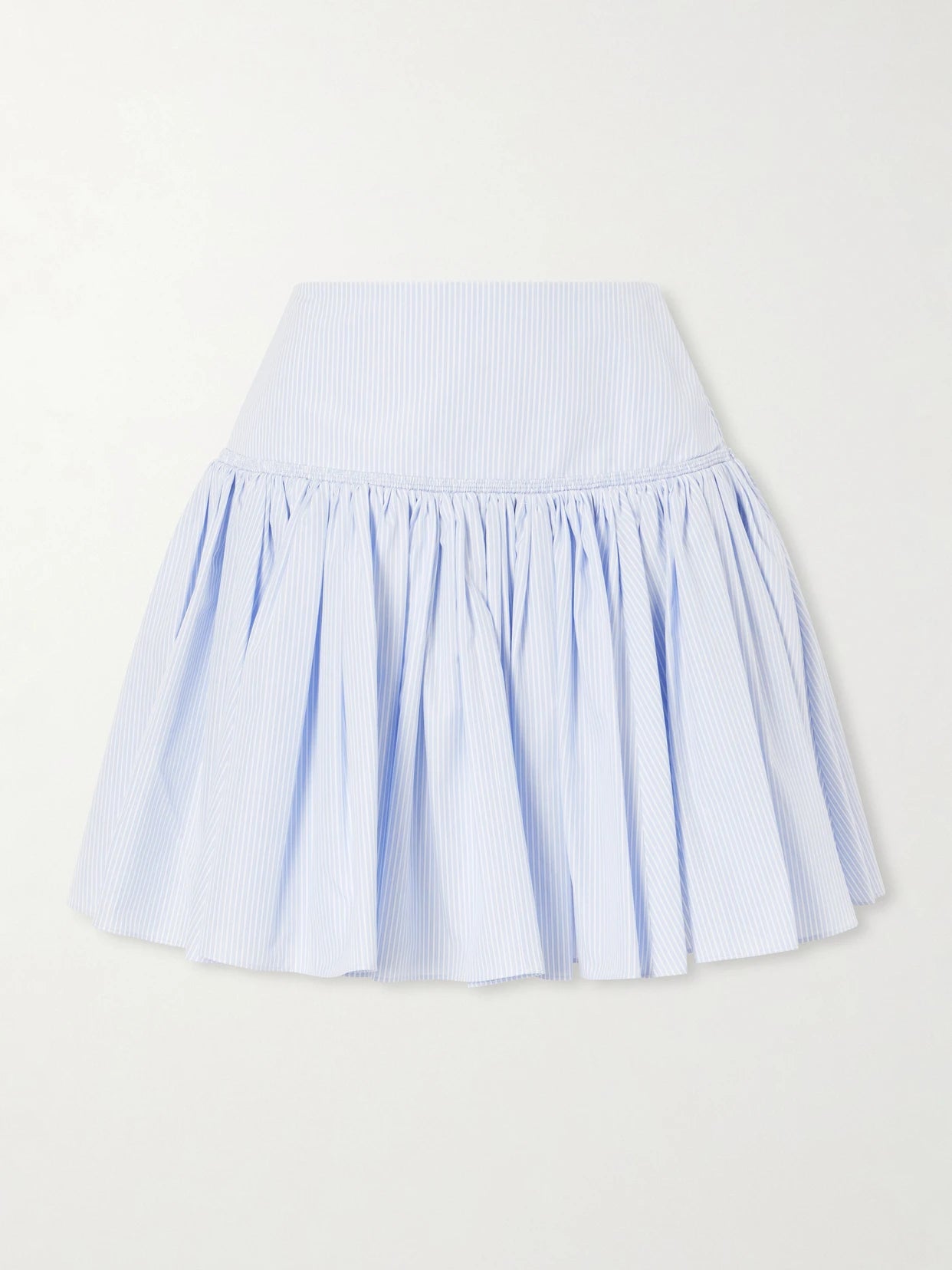 Image of a model wearing Skirts. Product name - Striped Ruffled Cotton-poplin Mini Skirt in Blue colour by brand - Alaïa