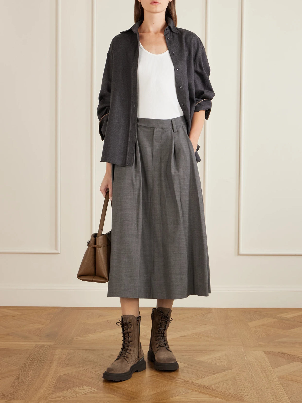 Image of Boots. Product name - Suede Ankle Combat Boots in Dark brown colour by brand - Brunello Cucinelli