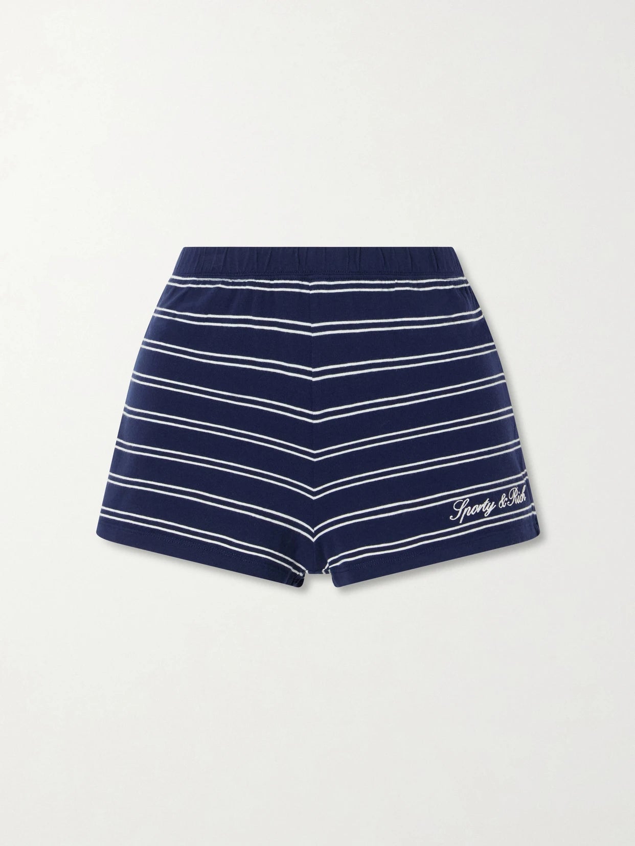 Image of Sleepwear & Loungewear. Product name - Logo-embroidered Striped Cotton-jersey Shorts in Navy colour by brand - Sporty & Rich