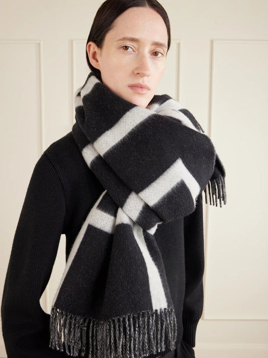 Image of Scarves & Shawls. Product name - Monogram Fringed Brushed-wool Scarf in Black, Dark gray colour by brand - TOTEME