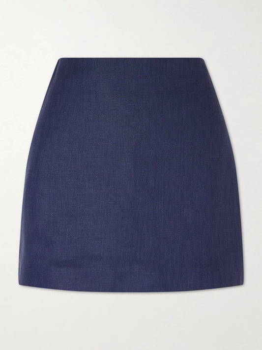 Image of a model wearing Skirts. Product name - Nightbreak Linen, Wool And Silk-blend Mini Skirt in Navy colour by brand - BLAZÉ Milano