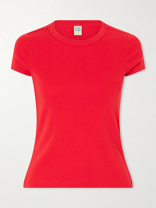 Image of a model wearing Tops. Product name - Car Baby Tee Ribbed Organic Cotton-jersey T-shirt in Red colour by brand - FLORE FLORE