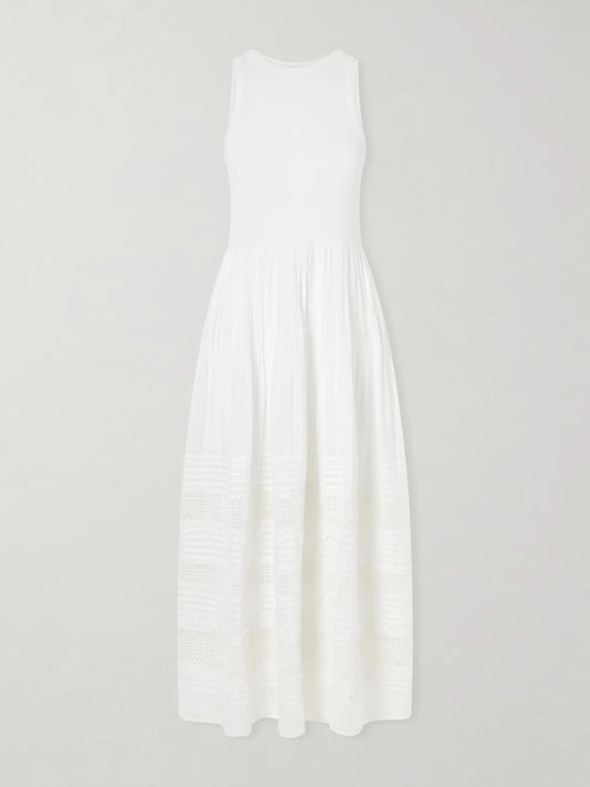 Image of Dresses. Product name - Crochet-trimmed Ribbed Cotton-blend Maxi Dress in White colour by brand - Polo Ralph Lauren