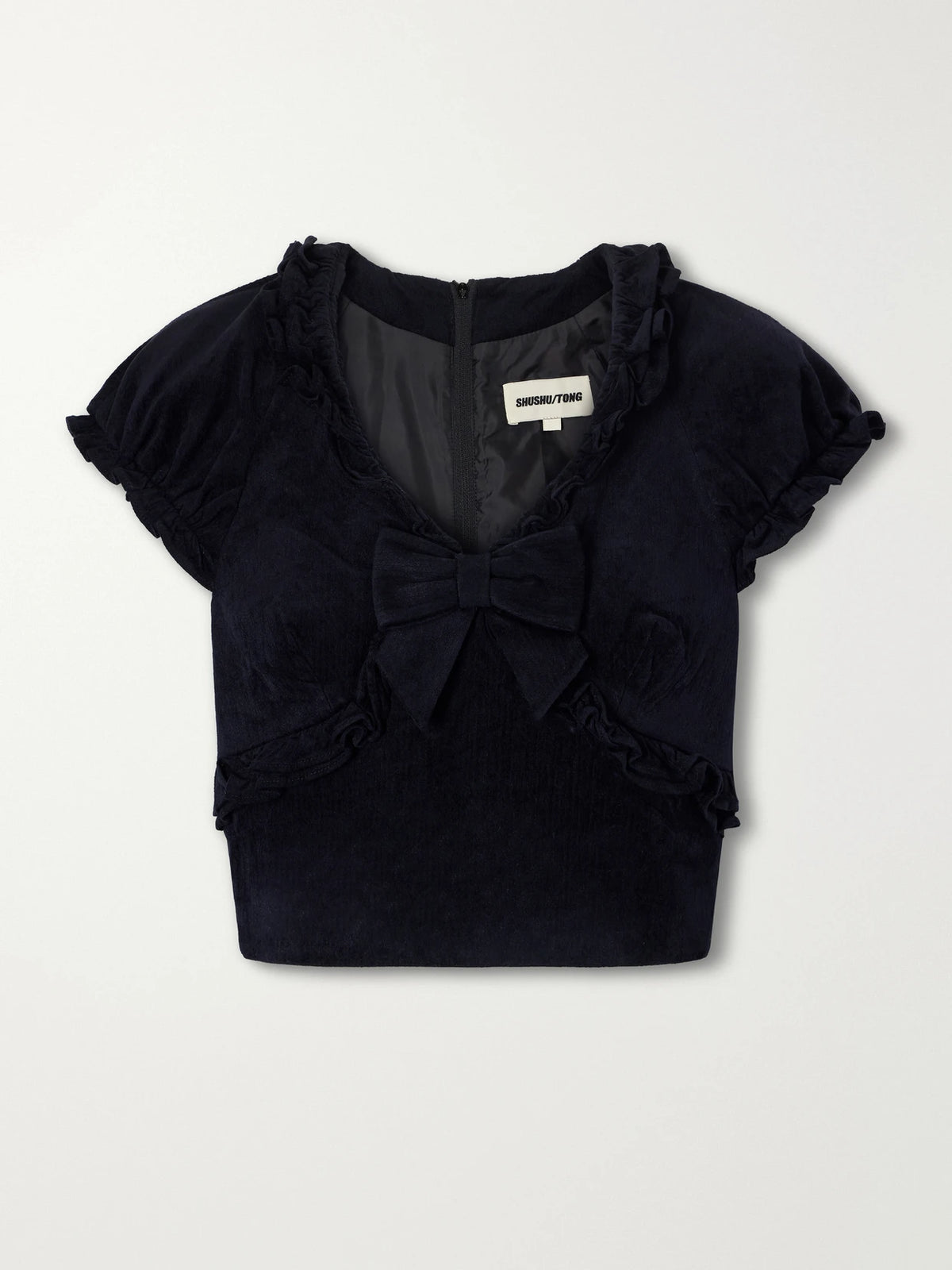 SHUSHU/TONG Crisscross Cropped Bow-detailed Ruffled Velvet Top