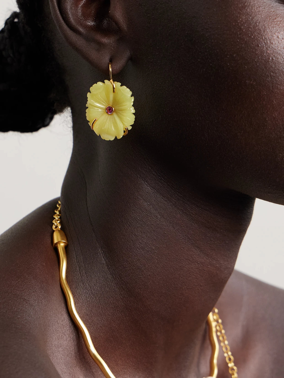 Image of Earrings. Product name - New Bloom Gold-plated, Jade And Rhodolite Earrings in Yellow colour by brand - Lizzie Fortunato