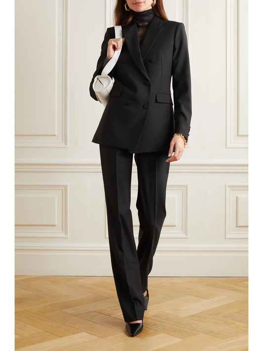 Image of a model wearing Pants. Product name - + Net Sustain Pleated Merino Wool Straight-leg Pants in Black colour by brand - Another Tomorrow