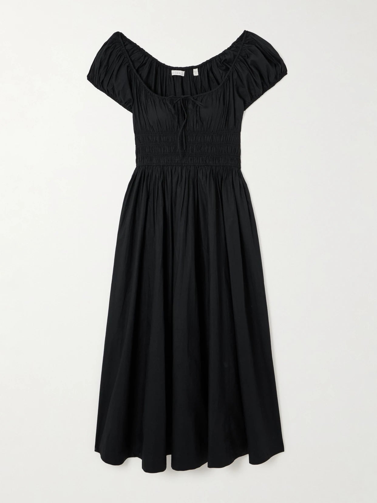 Image of Dresses. Product name - Quinn Tie-detailed Shirred Organic Cotton-poplin Midi Dress in Black colour by brand - DÔEN
