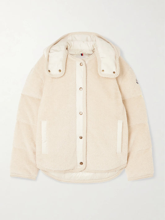 Image of Coats & Jackets. Product name - Ciboulette Hooded Shell-trimmed Plush Down Jacket in Beige colour by brand - Moncler
