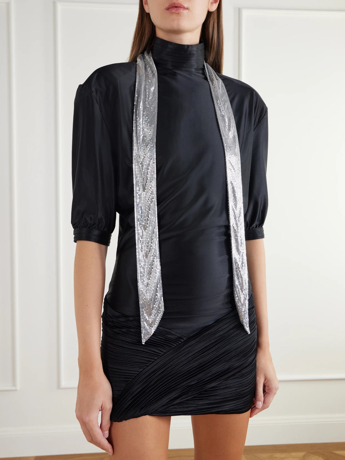 Image of Scarves & Shawls. Product name - Silver-tone Mesh Scarf in Multi colour by brand - RABANNE