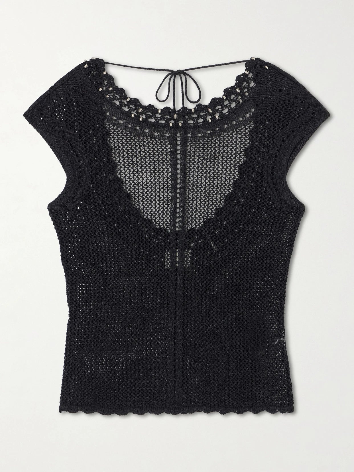 Image of a model wearing Tops. Product name - Metorie Embellished Crochet Cotton-blend Tank in Black colour by brand - ISABEL MARANT