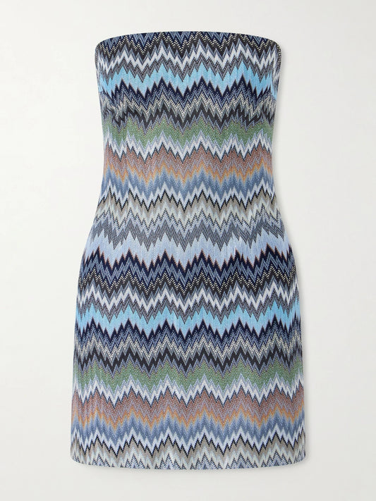 Strapless Striped Crochet-knit Mini Dress