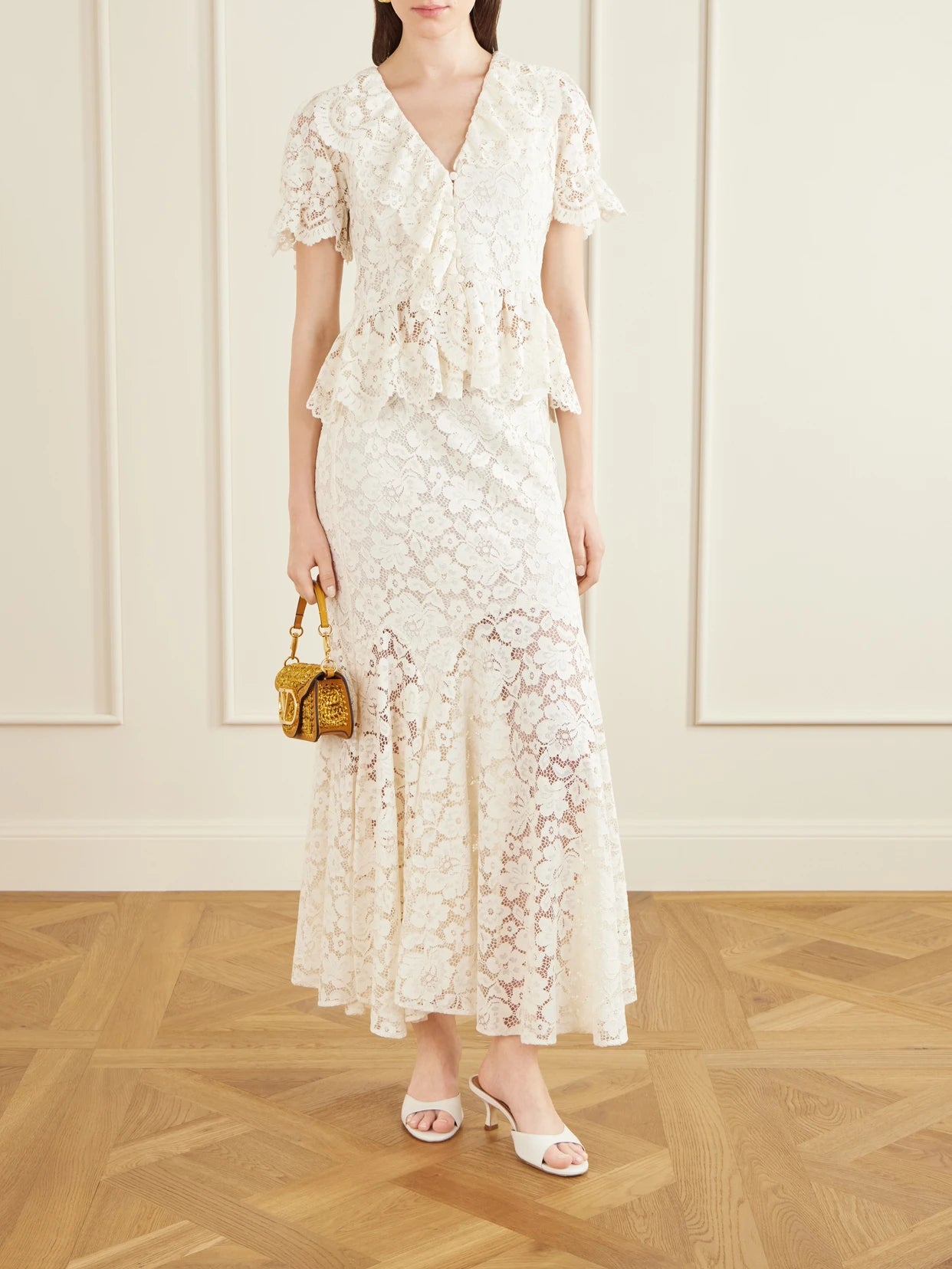 Image of Blouses. Product name - Dollie Ruffled Lace Blouse in Cream colour by brand - RIXO