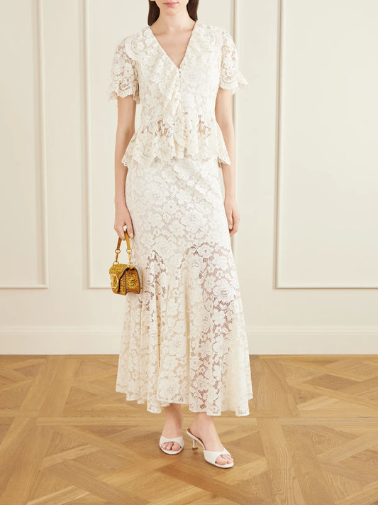 Image of Blouses. Product name - Dollie Ruffled Lace Blouse in Cream colour by brand - RIXO