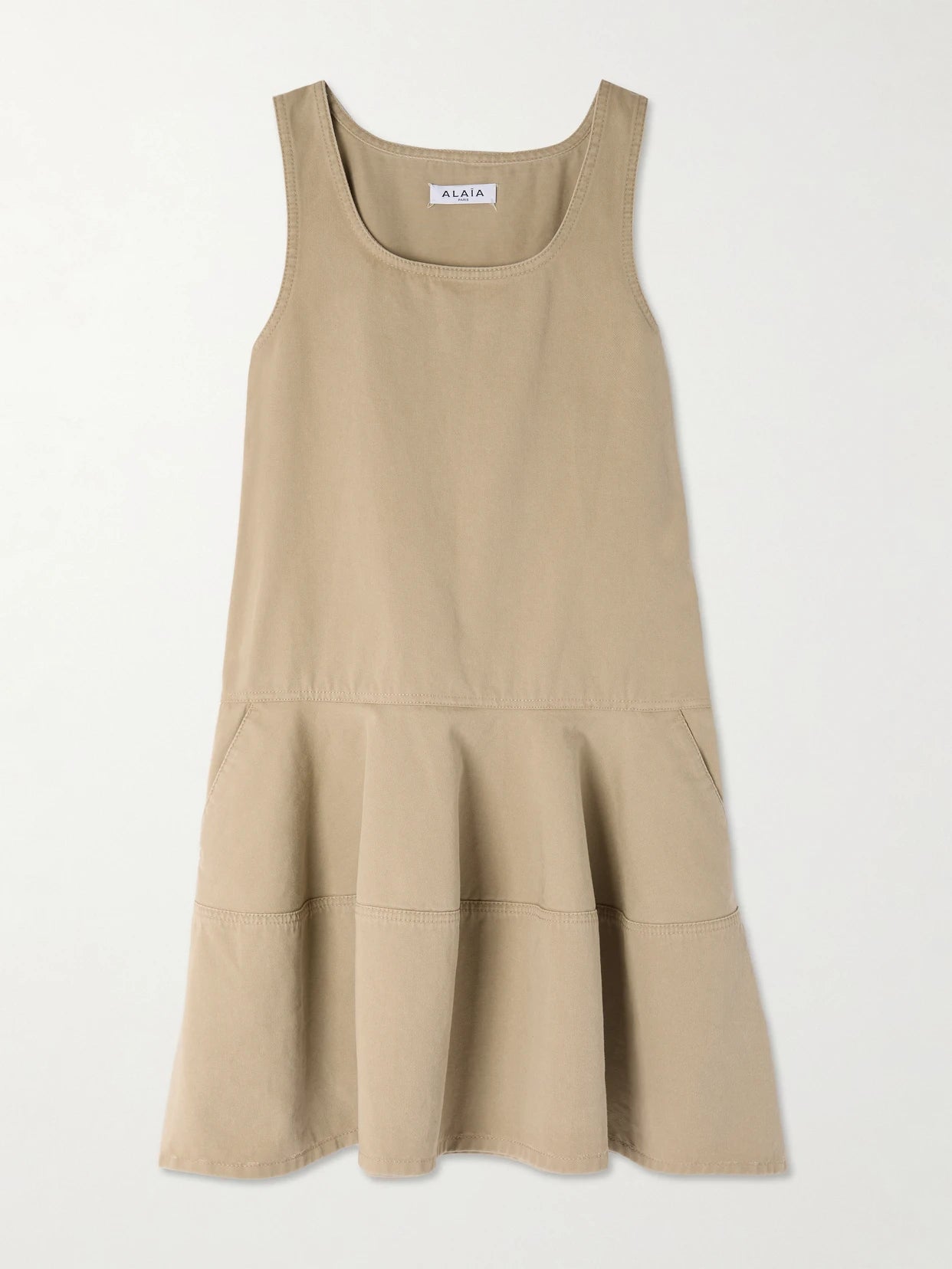 Image of Dresses. Product name - Tiered Denim Mini Dress in Beige colour by brand - Alaïa