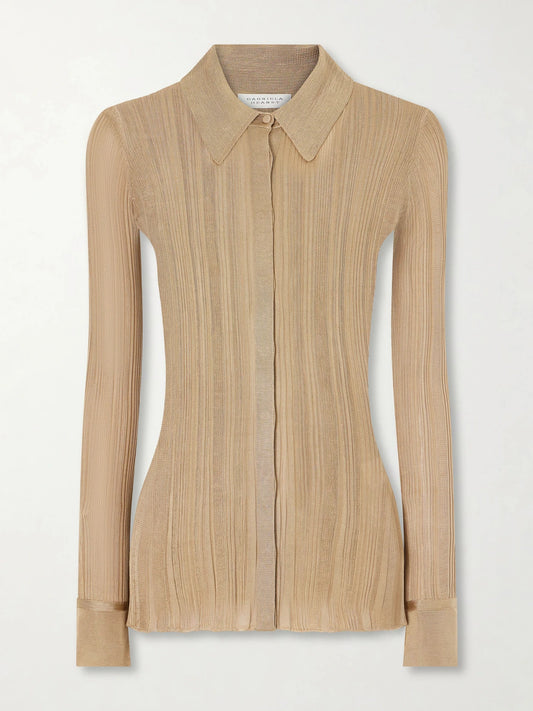 Image of a model wearing Tops. Product name - Tamar Ribbed Silk Shirt in Camel colour by brand - Gabriela Hearst