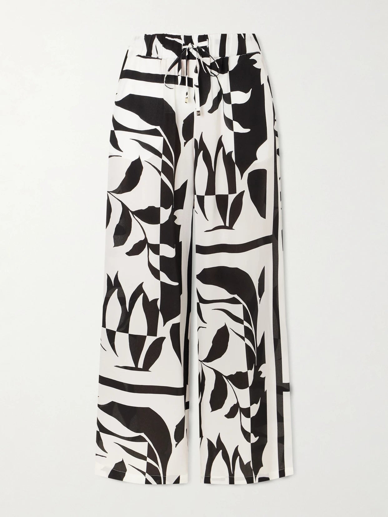 Image of a model wearing Pants. Product name - Beachwear Printed Silk Crepe De Chine Wide-leg Pants in Black colour by brand - Max Mara