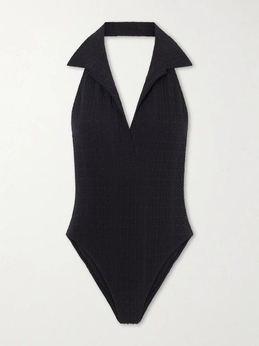 Image of Swimwear. Product name - Polo Seersucker Swimsuit in Black colour by brand - Lisa Marie Fernandez