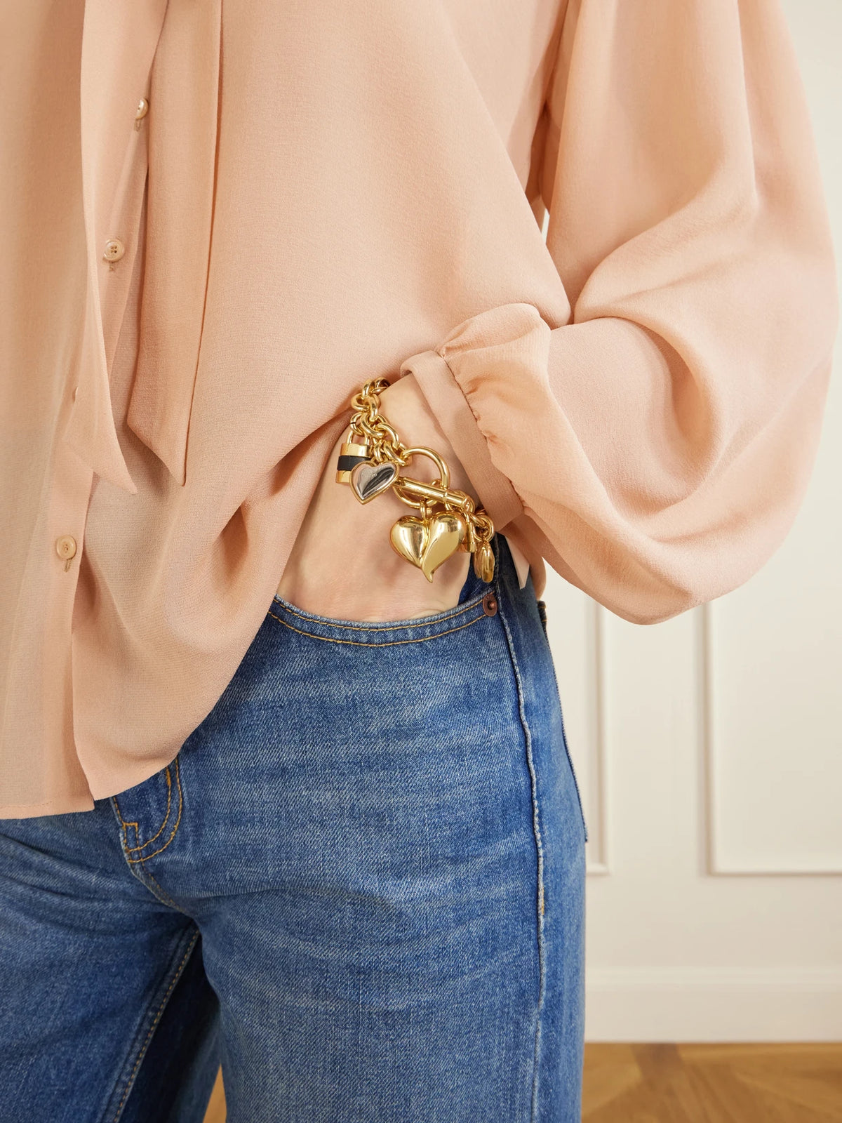Image of Bracelets. Product name - Logo-detailed Leather-trimmed Gold And Silver-tone Charm Bracelet in Multi colour by brand - Chloé