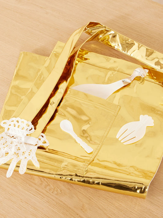 Image of Decor. Product name - Lace-trimmed Metallic Pvc Apron in Gold colour by brand - Gohar World