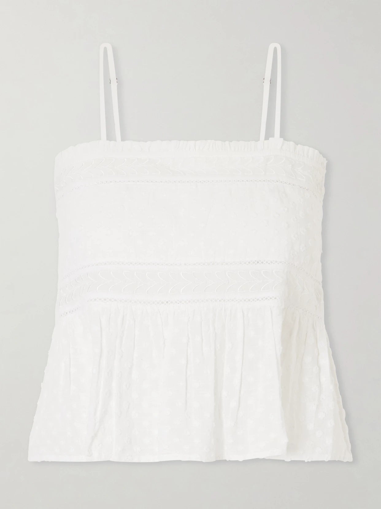 Image of a model wearing Tops. Product name - Saskia Embroidered Cotton-voile Top in White colour by brand - Thierry Colson