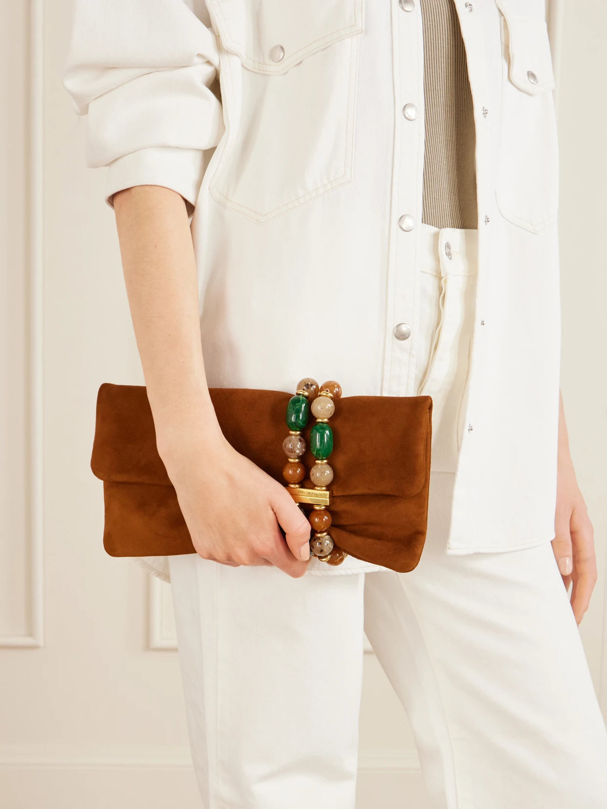 Image of Bags. Product name - Zandra Beaded Leather Shoulder Clutch in Tan colour by brand - Jimmy Choo