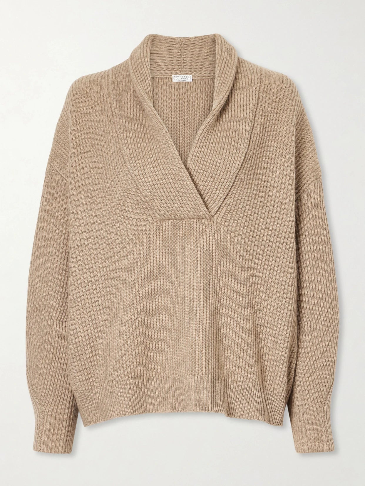 Image of a model wearing Outerwear. Product name - Ribbed-knit Cashmere Sweater in Brown colour by brand - Brunello Cucinelli