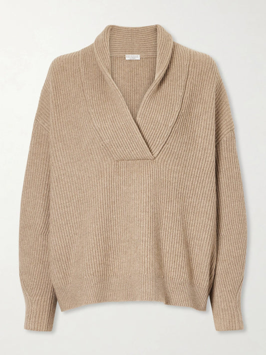 Image of a model wearing Outerwear. Product name - Ribbed-knit Cashmere Sweater in Brown colour by brand - Brunello Cucinelli
