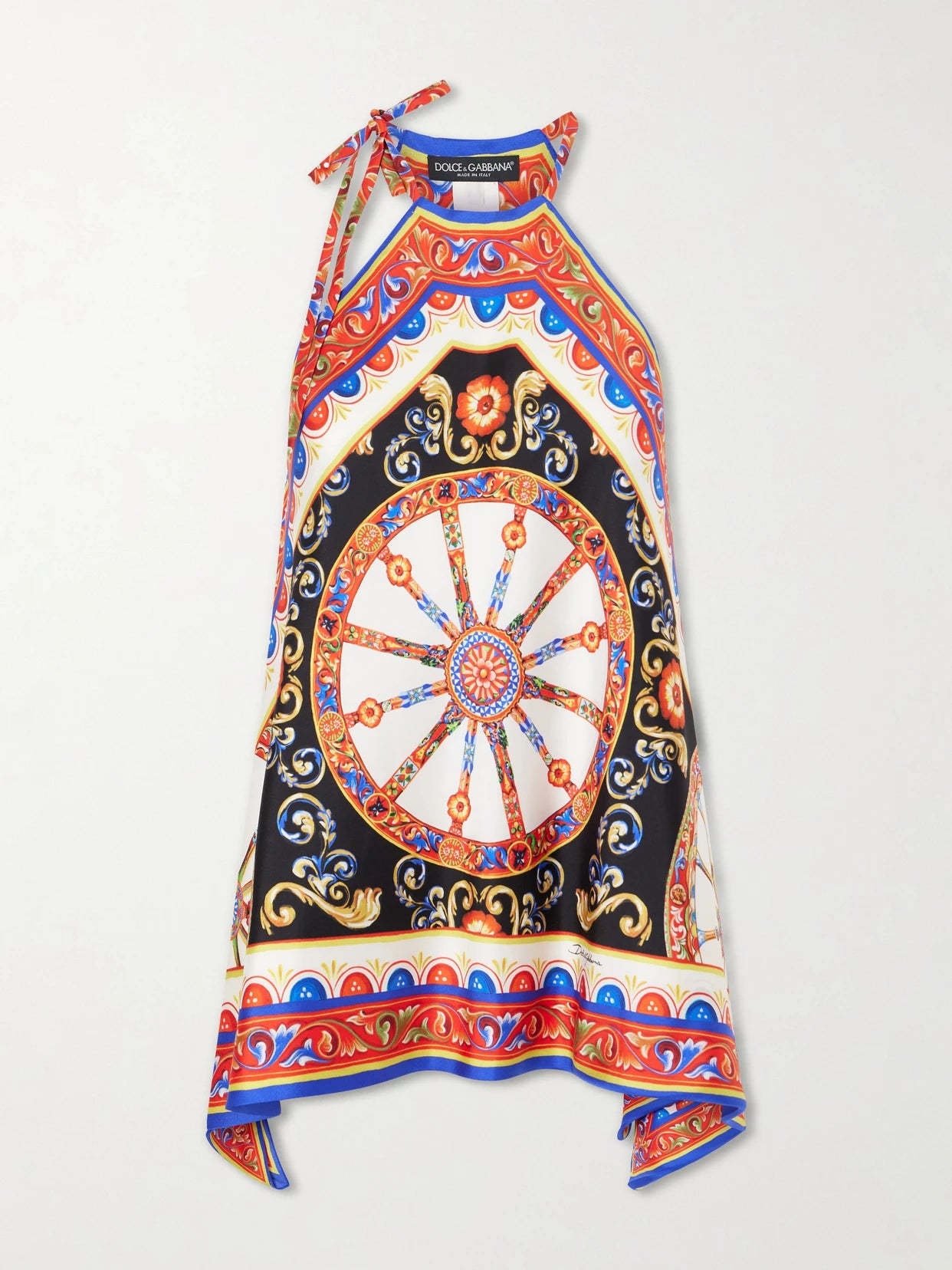 Image of a model wearing Tops. Product name - Carretto Printed Halterneck Satin Top in Red colour by brand - Dolce & Gabbana