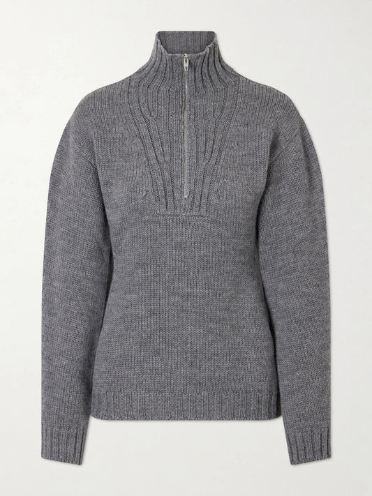Ribbed-knit Wool Half-zip Turtleneck Sweater