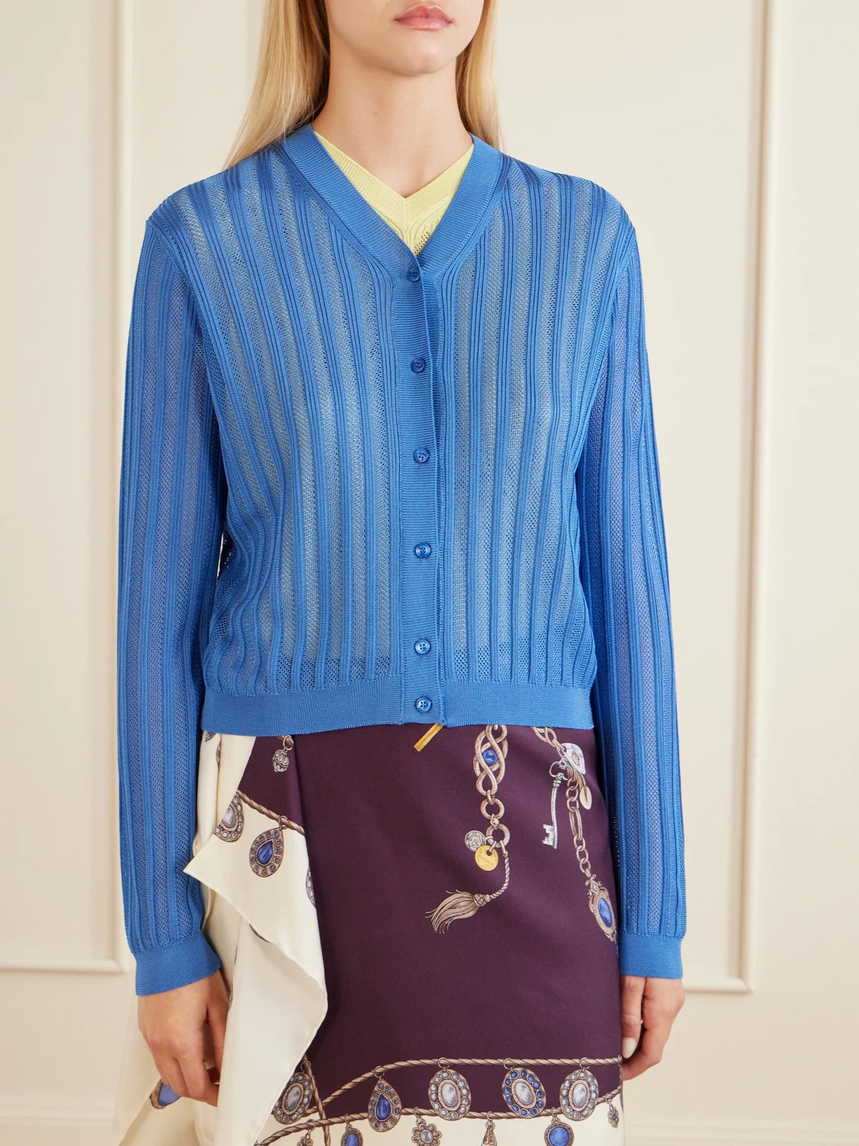 Medusa-embellished Ribbed Crochet-knit Cardigan
