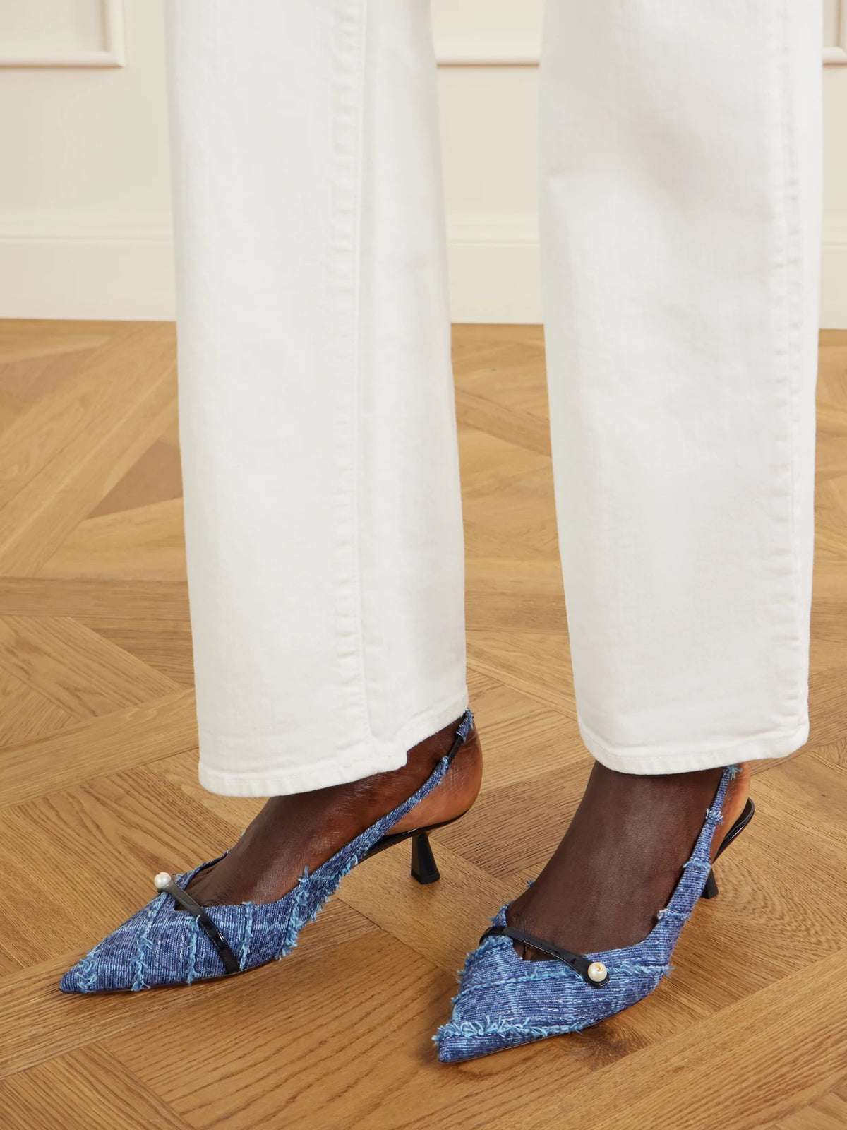 Amita 45 Leather-trimmed Frayed Denim Slingback Pumps