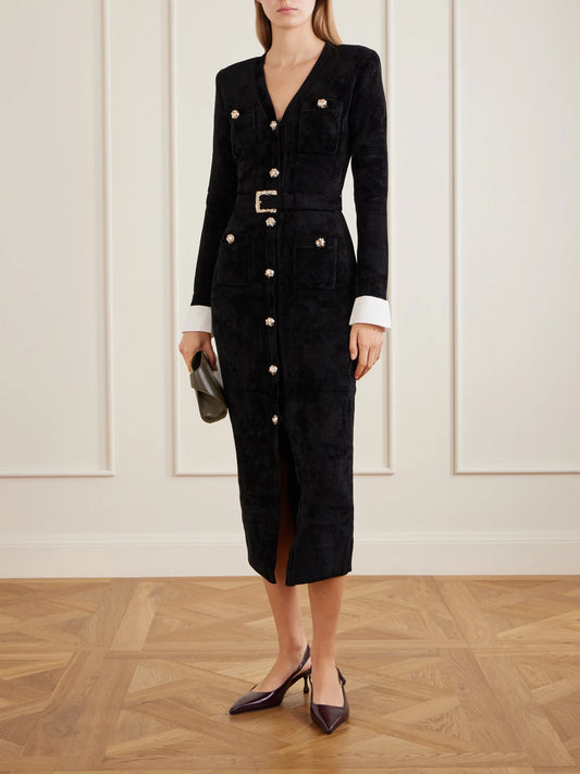 Image of Dresses. Product name - Belted Chenille Midi Dress in Black colour by brand - Self-Portrait
