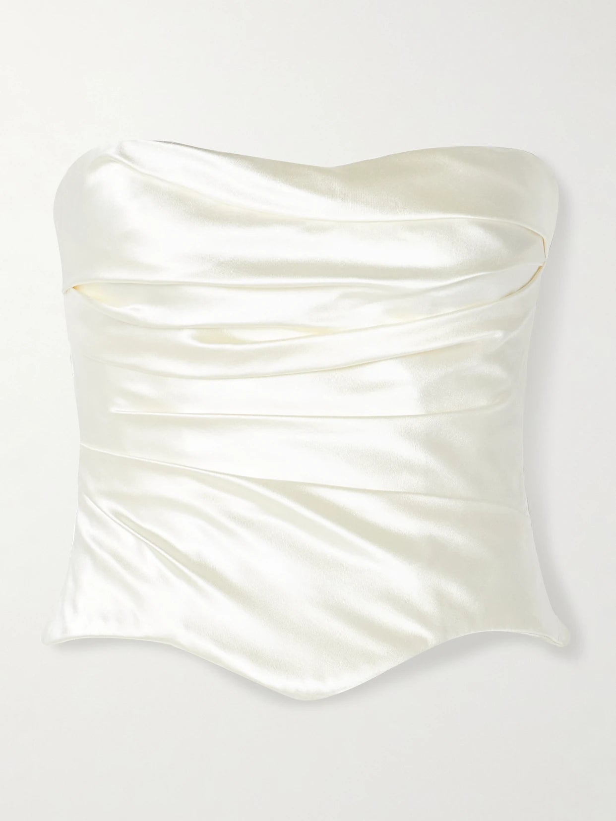 Image of a model wearing Tops. Product name - Demi Strapless Draped Silk And Wool-blend Satin Bustier Top in Off-white colour by brand - Danielle Frankel