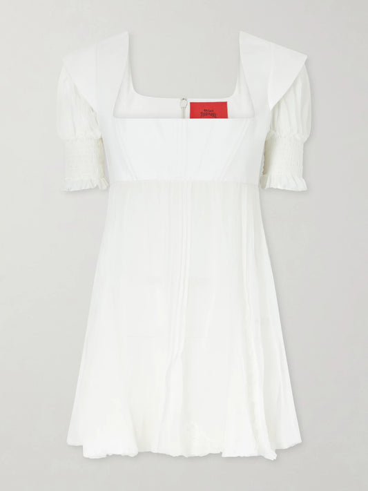 Image of Dresses. Product name - Girl In A Room Lace-trimmed Silk Mini Dress in White colour by brand - Dilara Findikoglu