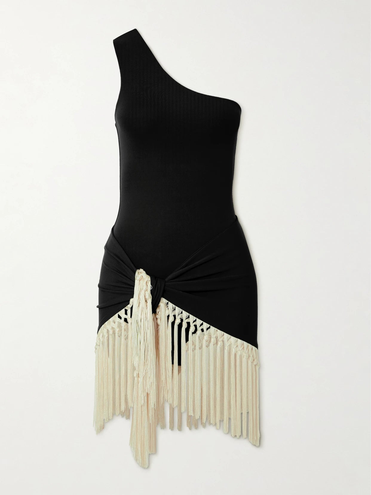 Image of Swimwear. Product name - Yacare One-shoulder Swimsuit And Fringed Pareo Set in Black colour by brand - Taller Marmo